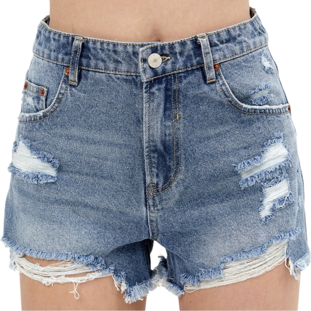 Zara Medium Wash Distressed Denim Shorts with Frayed Hem